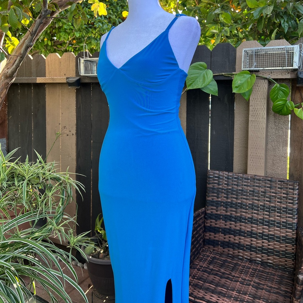 Blue Plunge-neck maxi dress with side slit